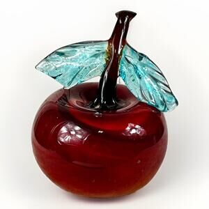 Red Glass Apple Paperweight w Green Glass Leaf Brown Stem Hand Blown Heavy- VTG